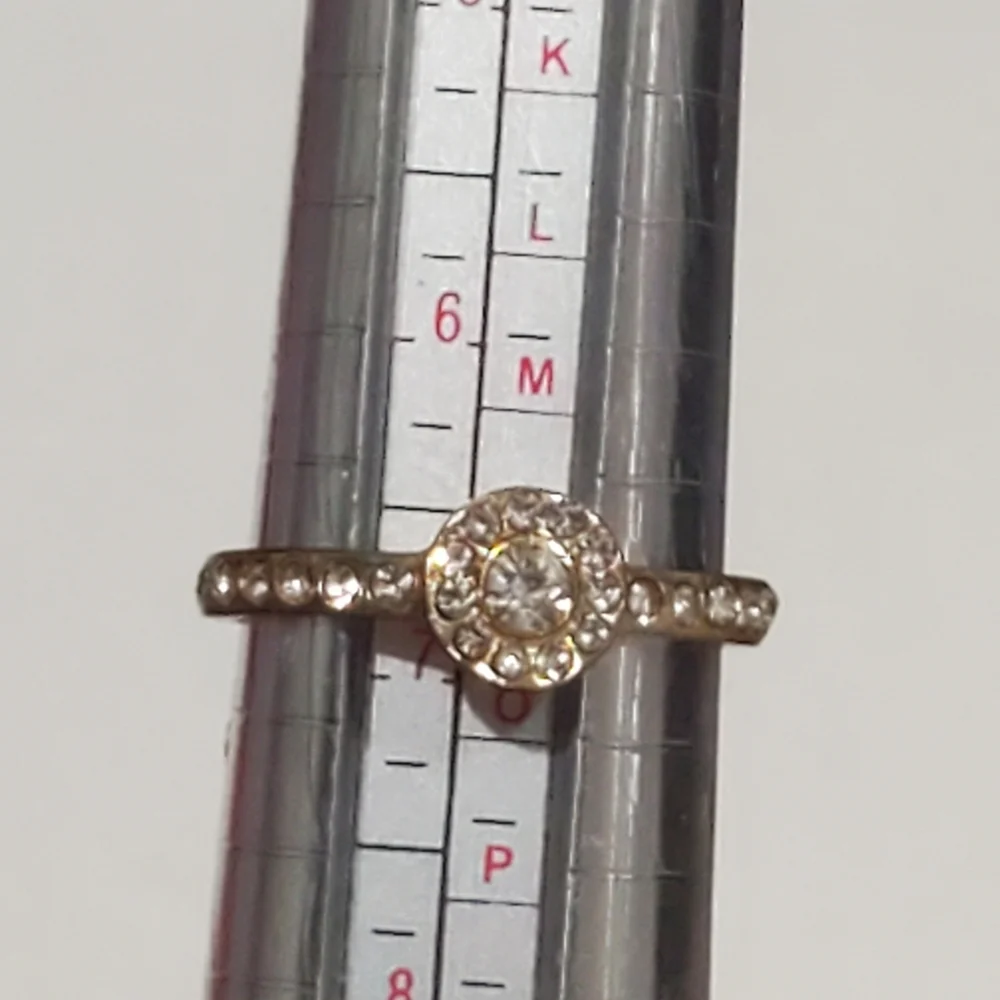 Rhinestone Halo Engagement Ring Pave Solitaire Crystals Goldtone Size 6 3/4